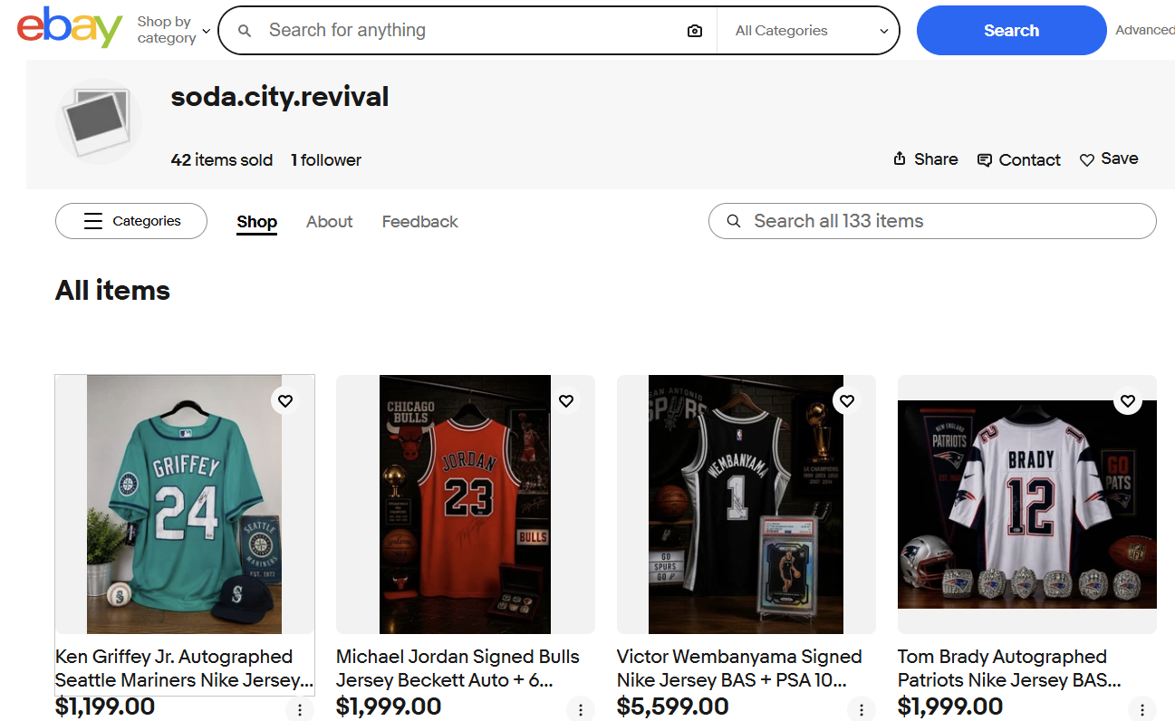 soda.city.revival eBay storefront with Jordan, Wembanyama, Brady, and Griffey jerseys