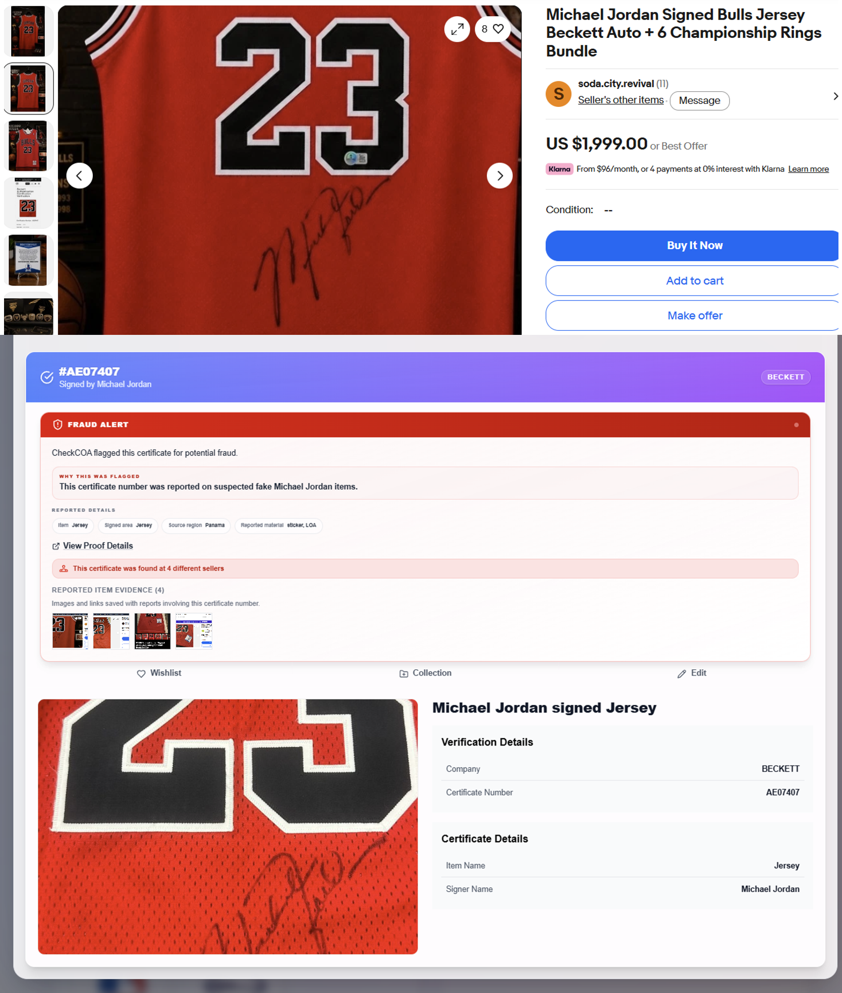 Michael Jordan listing and CheckCOA Fraud Alert for Beckett AE07407