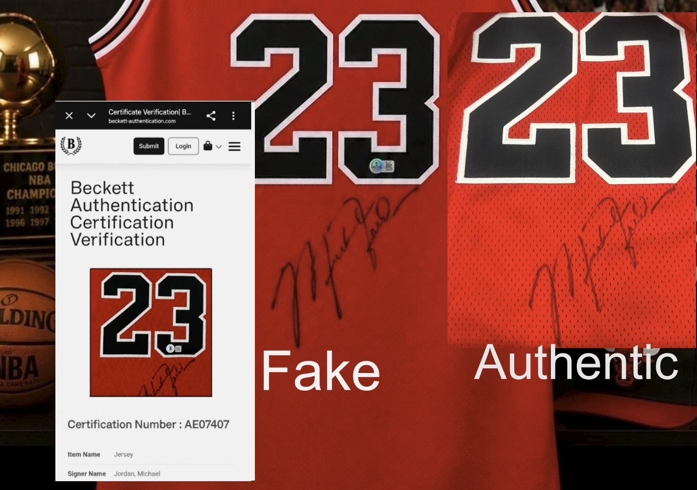 Fake Michael Jordan jersey compared with the real Beckett item photo