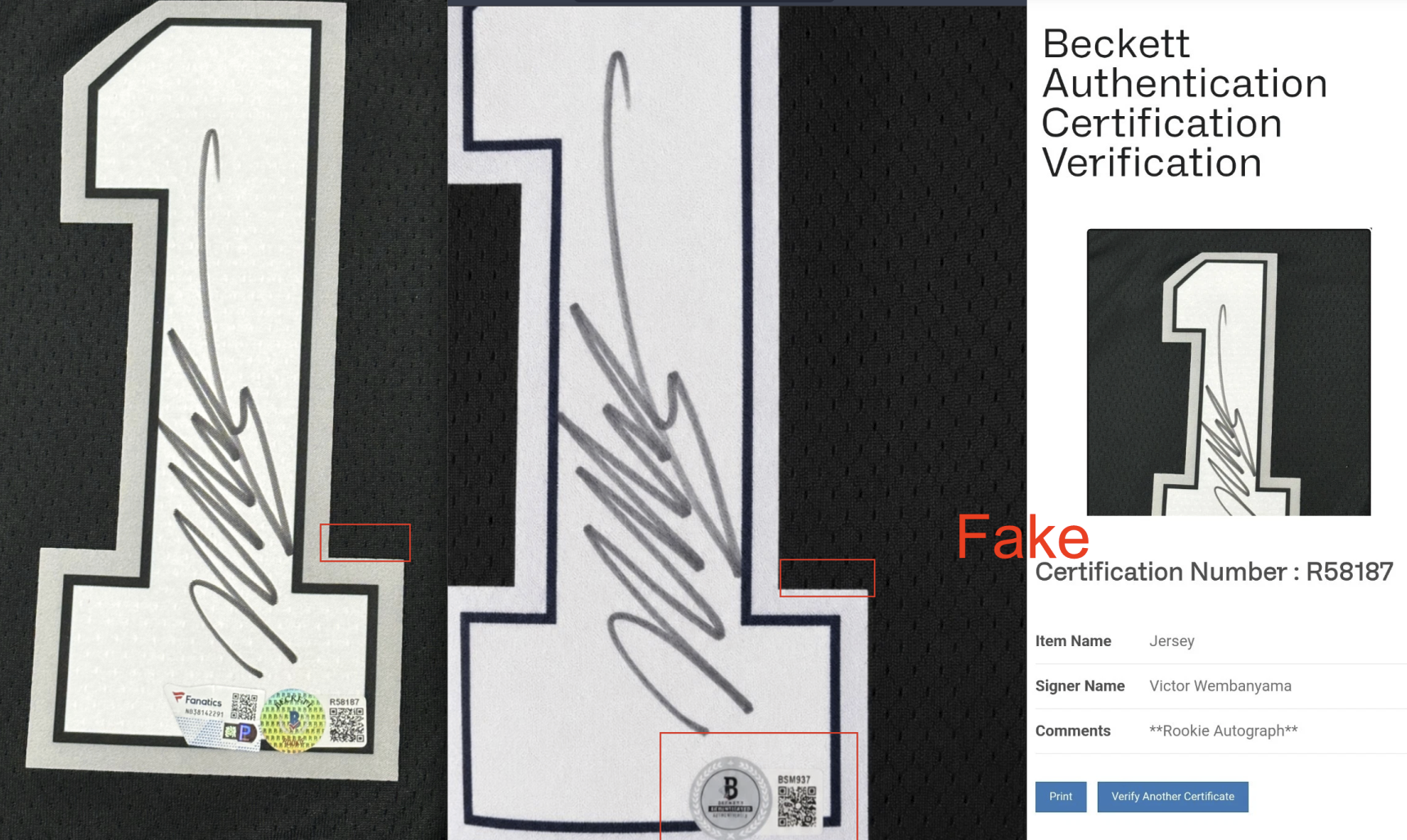 Victor Wembanyama fake item compared with the real Beckett record for R58187