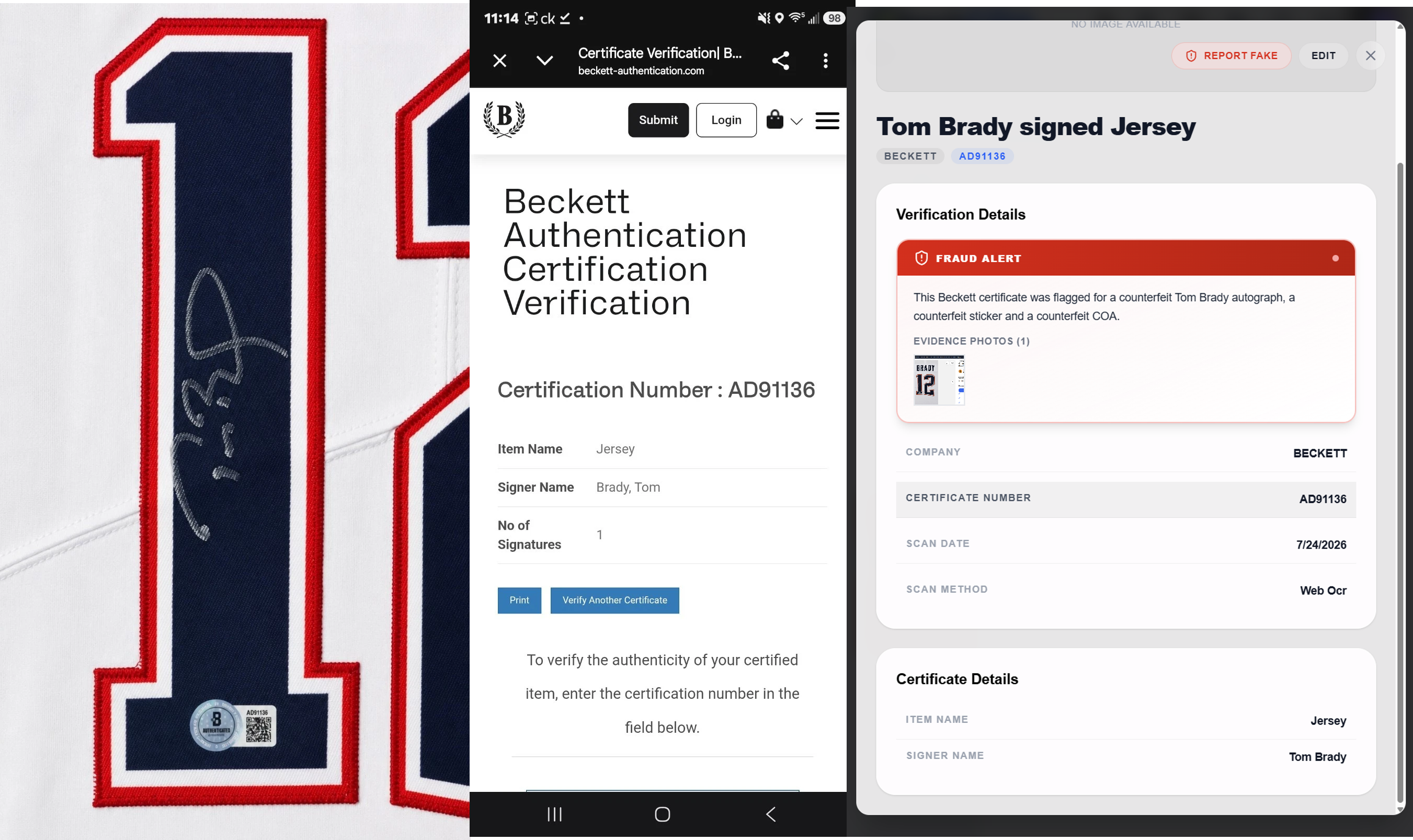 Tom Brady jersey, Beckett lookup for AD91136, and CheckCOA Fraud Alert