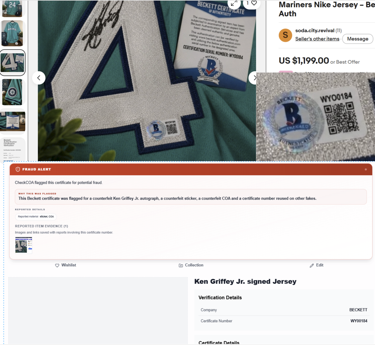Ken Griffey Jr. listing and CheckCOA Fraud Alert for WY00184