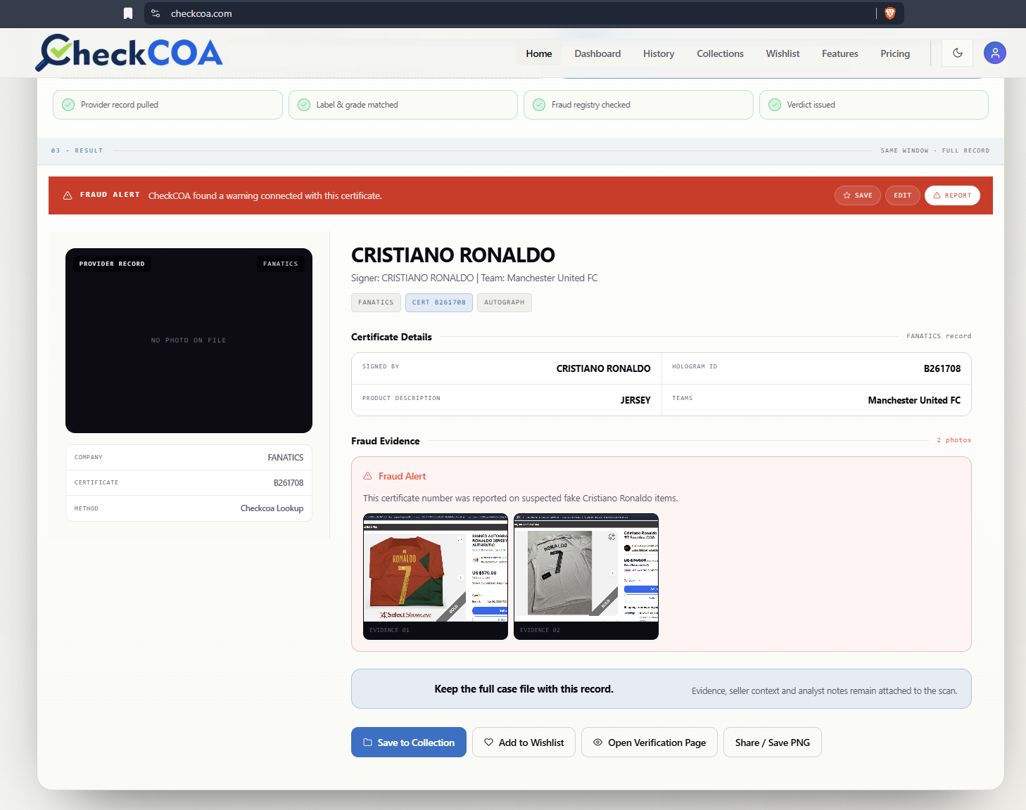 CheckCOA Fraud Alert for B261708 showing the Manchester United provider record