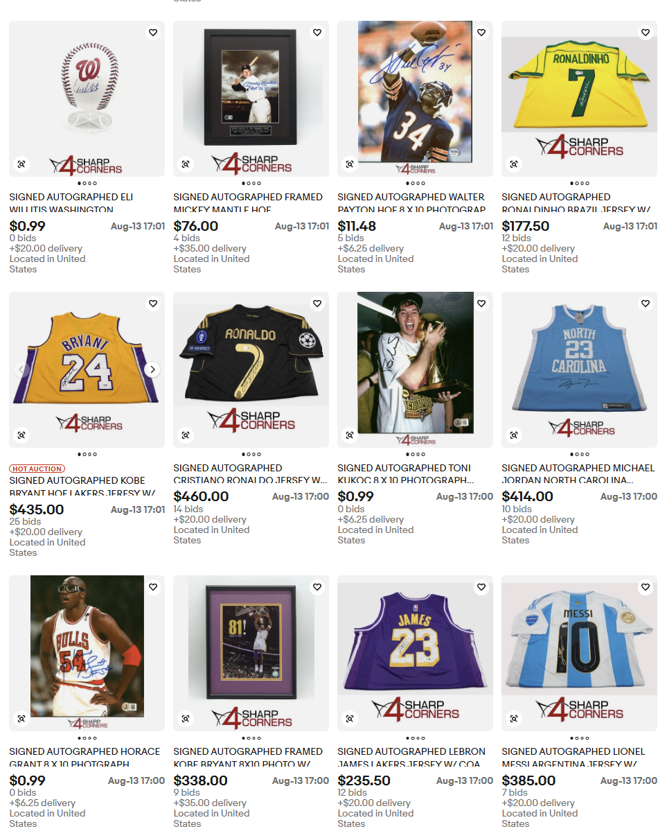 4 Sharp Corners autograph inventory showing Jordan, Kobe, Messi, Ronaldo, LeBron, and other high-value names