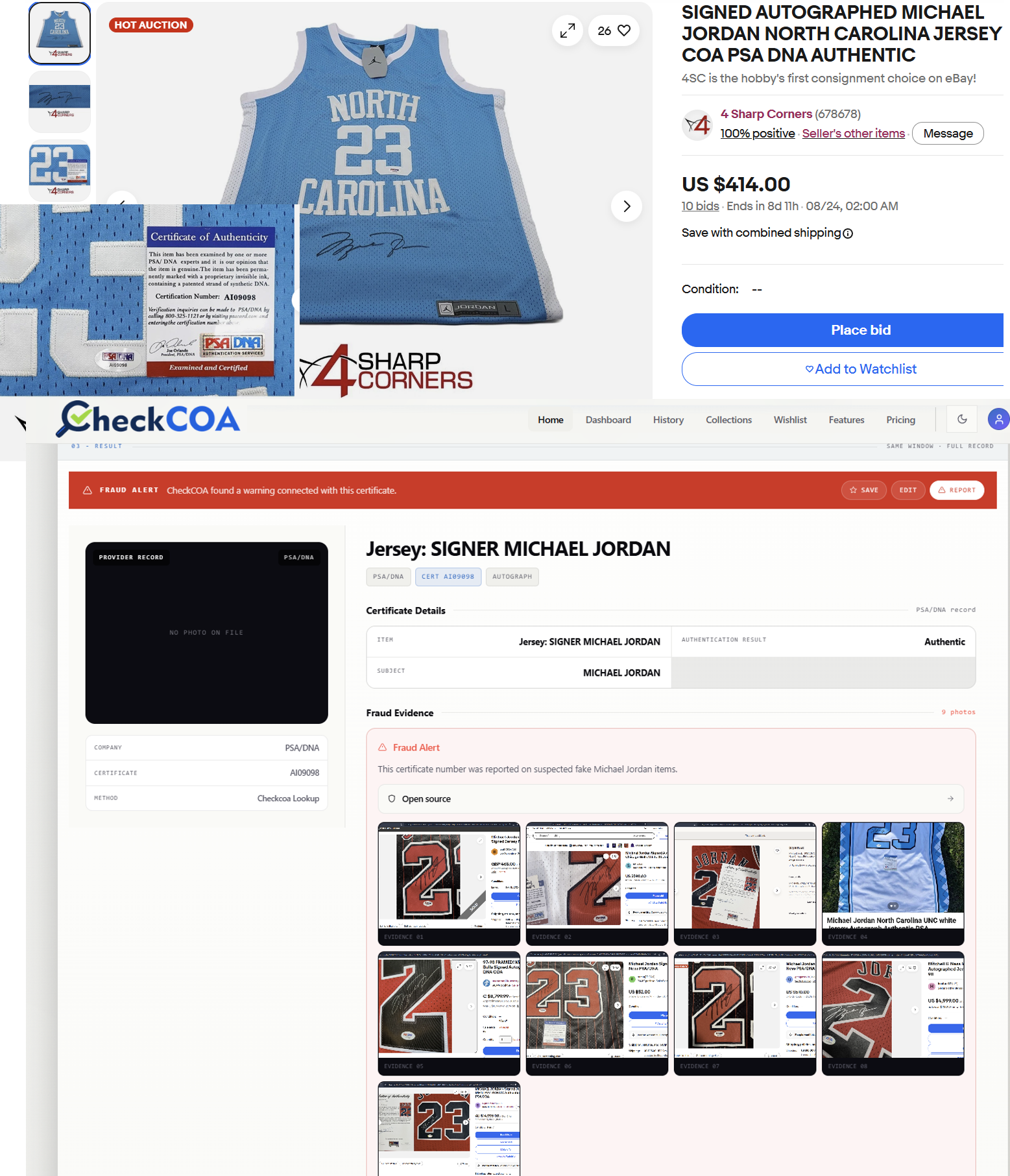 4 Sharp Corners Michael Jordan jersey with PSA AI09098 and the CheckCOA Fraud Alert