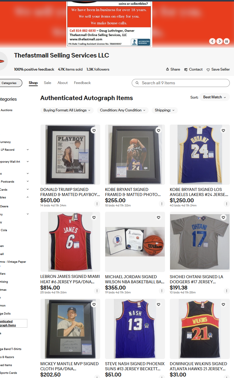 Thefastmall authenticated-autograph inventory showing PSA and Beckett presentations