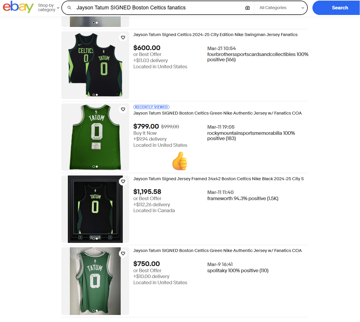 eBay sold search showing the Tatum jersey from rockymountainsportsmemorabilia