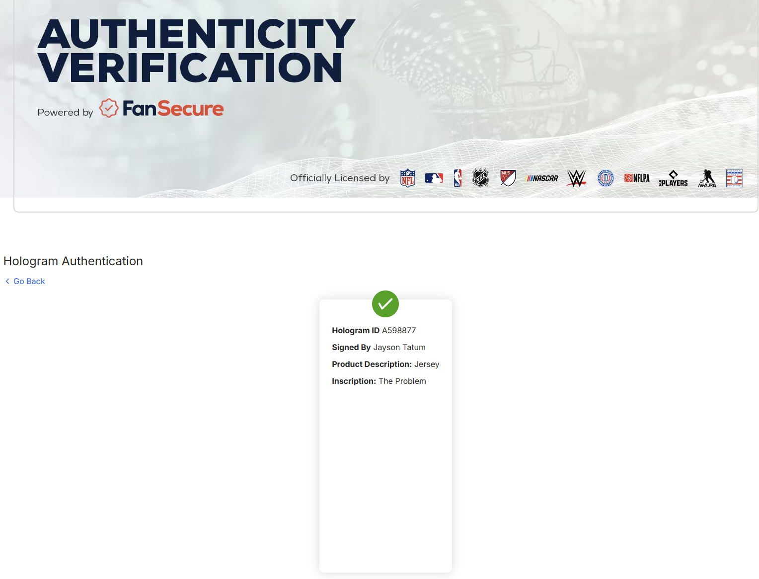 Fanatics verification result for A598877