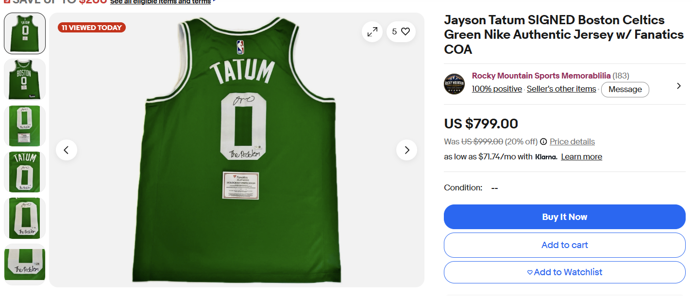 The Tatum jersey listing from Rocky Mountain Sports Memorabilia