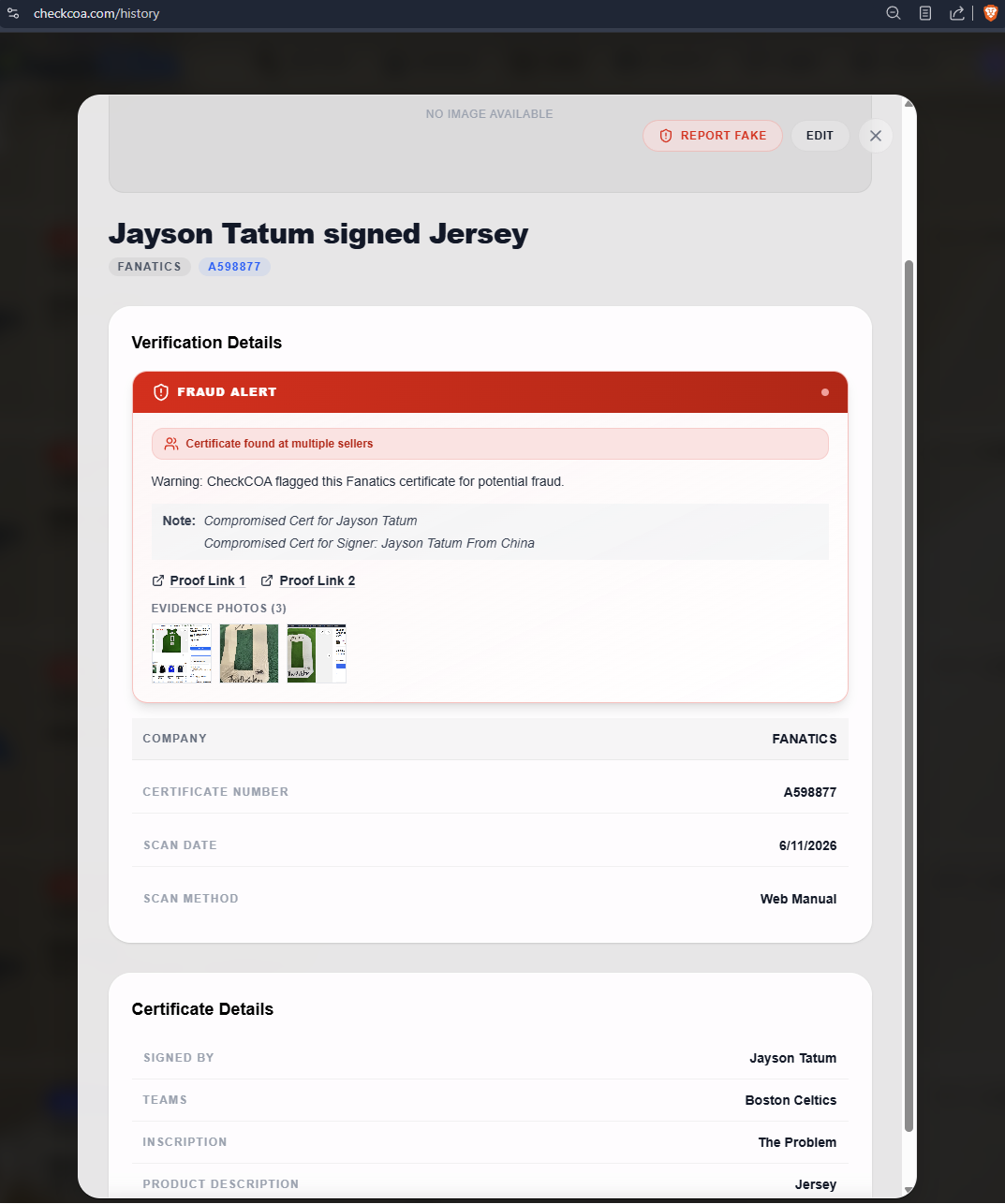 CheckCOA Fraud Alert for Fanatics A598877