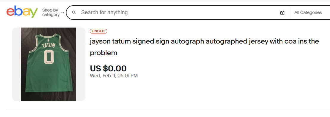 Ended eBay listing for the same Tatum style item tied to abcsports61 evidence